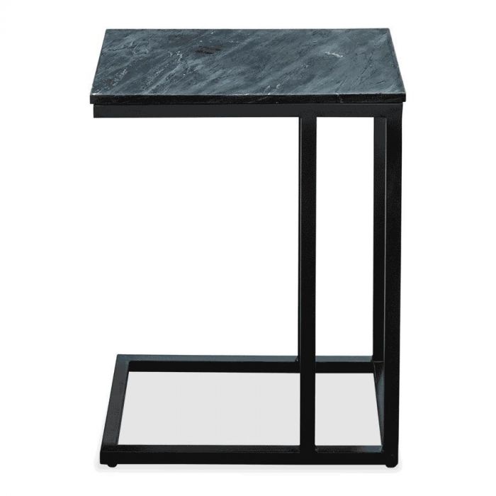 Zwarte slider laptoptafel met metalen frame en stijlvol donker tafelblad, gefotografeerd recht van voren tegen witte achtergrond.