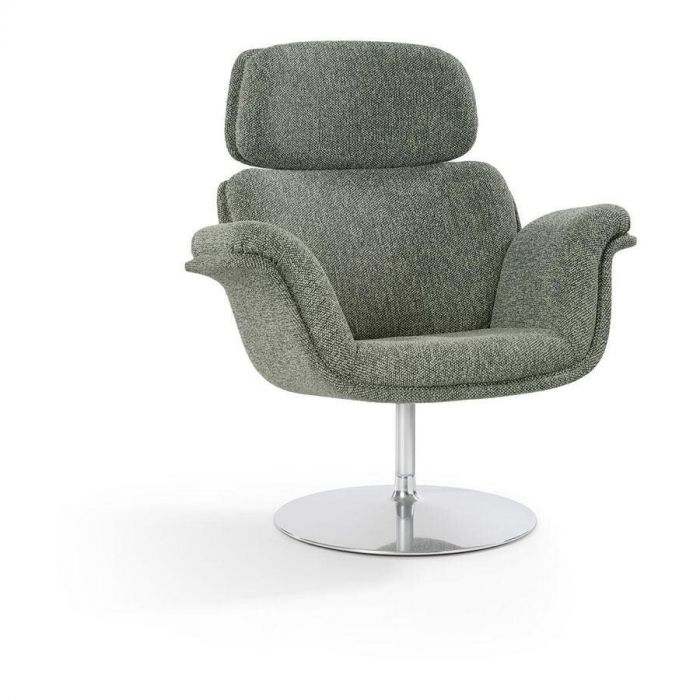 Artifort Tulip F550 fauteuil in groen gemêleerde stof met glanzend metalen draaivoet, gefotografeerd frontaal tegen witte achtergrond.