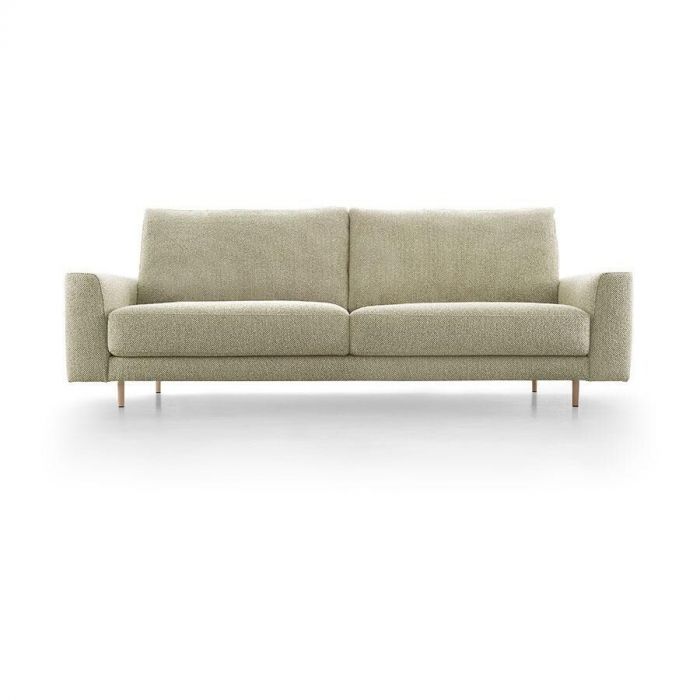 3-zitsbank Dutchz 114 in groene stof met strakke belijning en slanke poten, frontaal gefotografeerd tegen witte achtergrond.