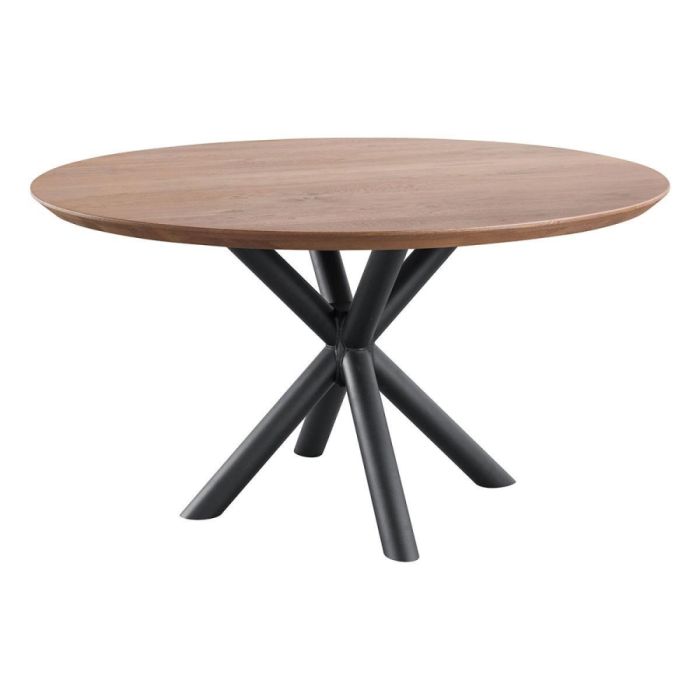 Ronde eettafel Taranto Ø140 cm met bruin eiken blad en zwart metalen matrixpoot van ronde buis, schuin van voren