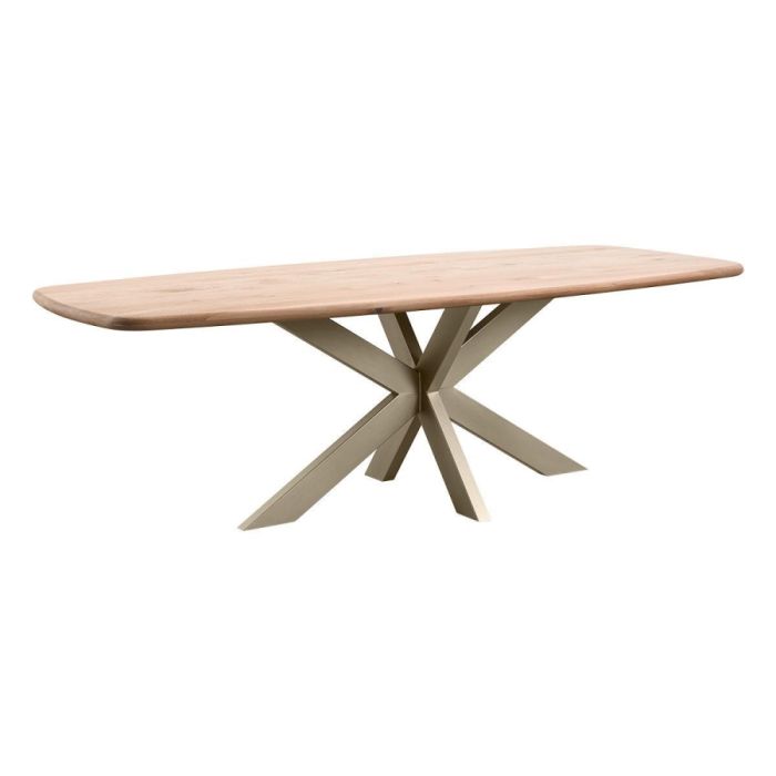 Deens ovale eettafel Taranto 240 cm in naturel eiken met champagnekleurige matrixpoot, schuin van voren gefotografeerd op witte achtergrond