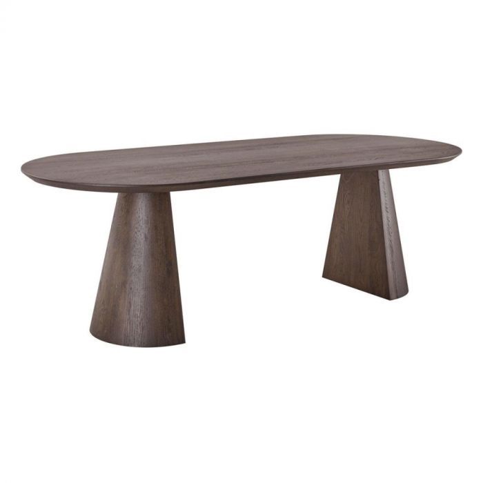INHOUSE eettafel Taranto ovaal donkerbruin 240x100 cm met stevig houten blad en conische poten, schuin vooraanzicht.