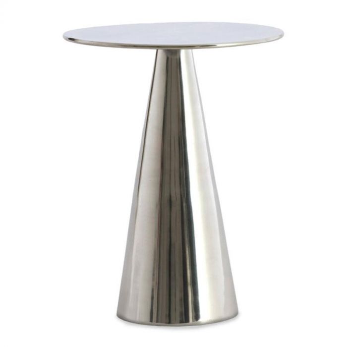 Glanzende bijzettafel Leova in nikkel met conisch onderstel en rond blad, gefotografeerd tegen witte achtergrond.