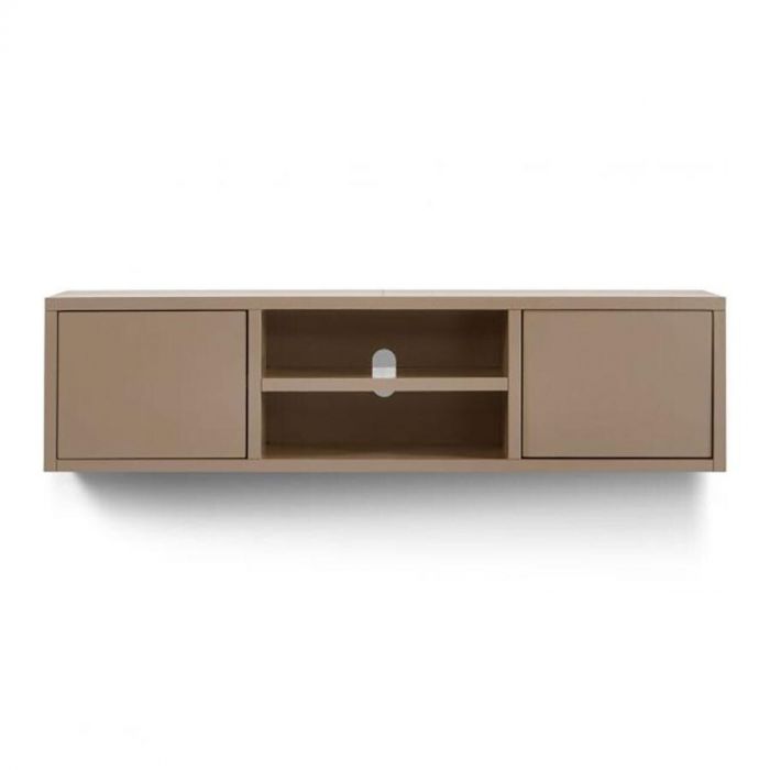 TV-meubel Nerano Small in de kleur schors tegen een witte achtergrond. Het meubel heeft een strak, zwevend ontwerp met twee deuren en open vakken met kabeldoorvoer.