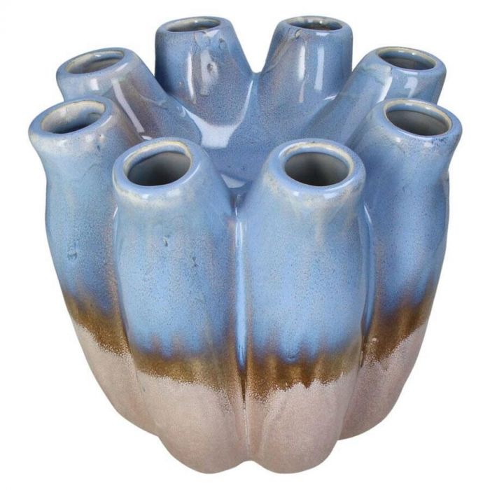 Kersten tulpenvaas van blauw geglazuurd stoneware met meerdere openingen en afgeronde vormen.