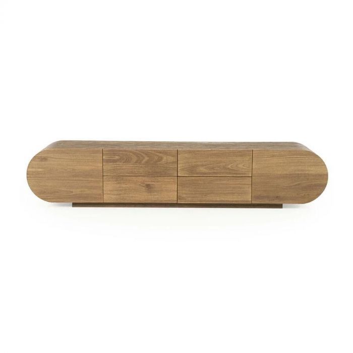 Frontaal beeld van het Eleonora TV-meubel King van 210 cm breed, met afgeronde hoeken en strakke indeling.