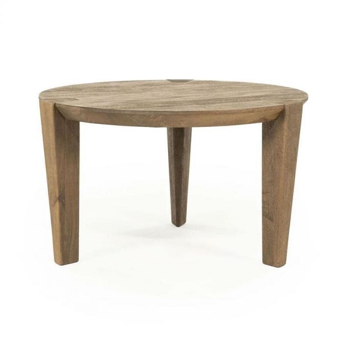 Ronde salontafel Davina van mangohout met drie schuingeplaatste poten, frontaal gefotografeerd op witte achtergrond.