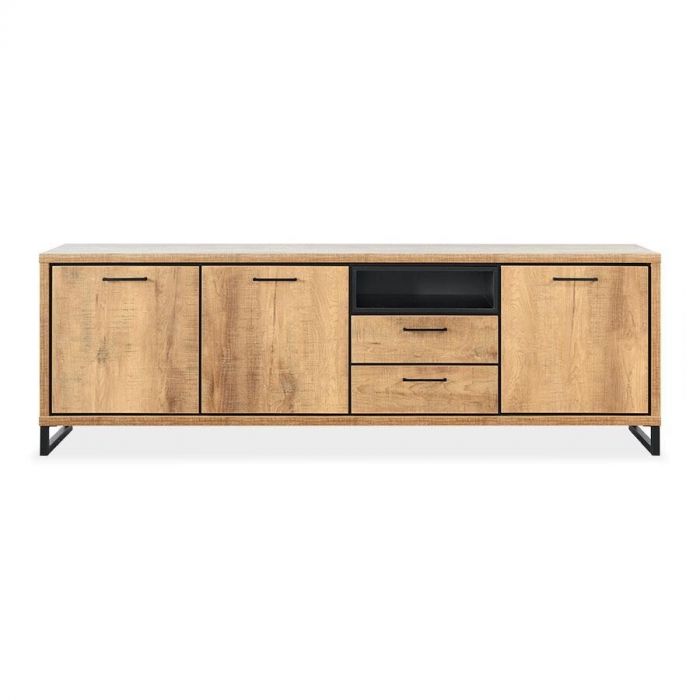Dressoir Imbaro in mango decor met zwarte metalen accenten en drie deuren, twee lades en een open vak, tegen witte achtergrond.