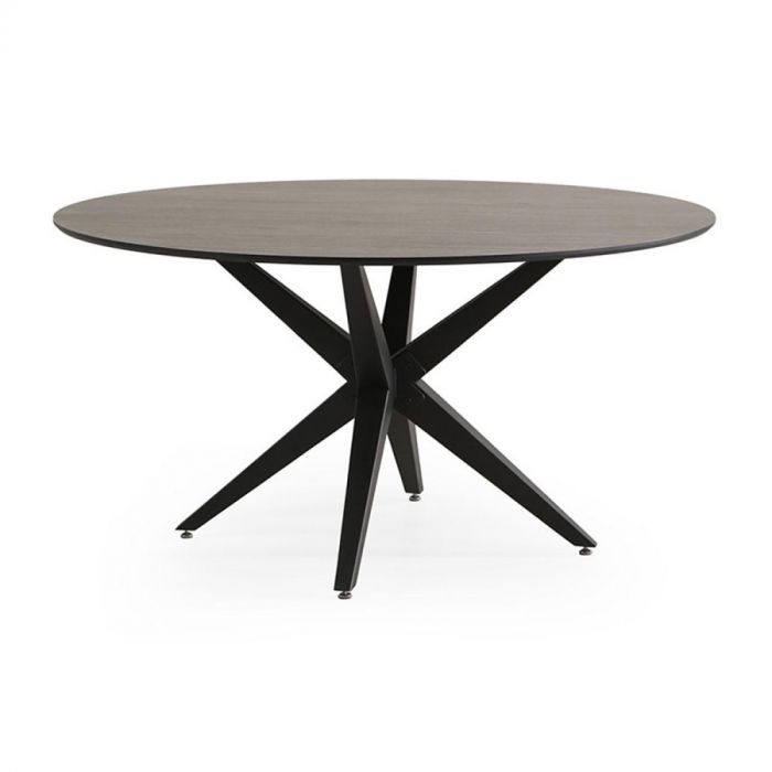 Moderne ronde eettafel Ranea met donkergrijs steenlook blad en zwarte metalen spinpoot – vooraanzicht.