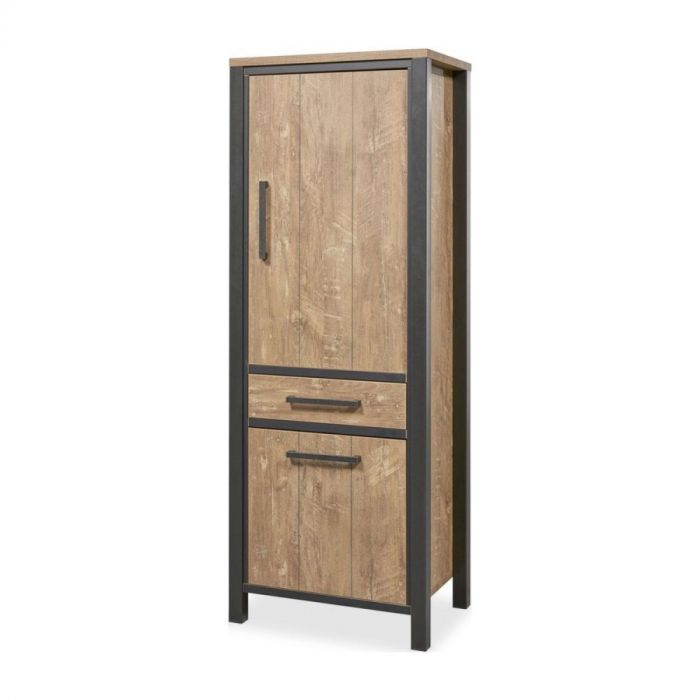 Industriële opbergkast Mendiga met zwart metalen frame, houtlook afwerking, 2 deuren en 1 lade, voorzien van verlichting.