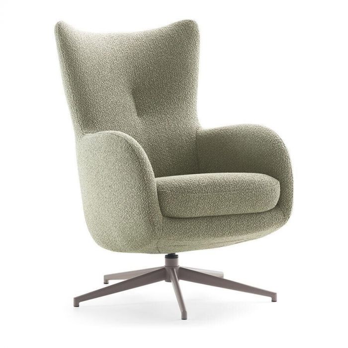 Fauteuil Newbury met lichtgroene bekleding, hoge rugleuning en draaibaar onderstel, schuin zijaanzicht op witte achtergrond.