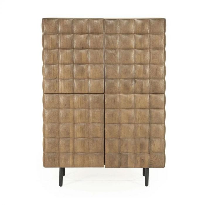 Kabinet Felix van Eleonora in frontaal aanzicht, met vier deuren en een opvallend 3D-blokpatroon in mangohout.