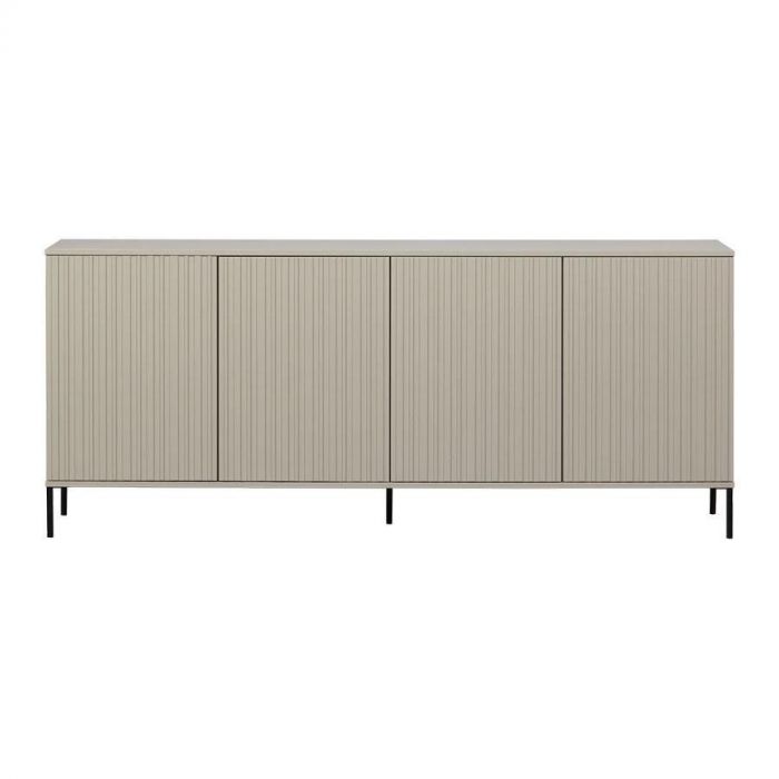 Dressoir New Gravure in kleur Dust, recht van voren gefotografeerd, met vier greeploze deuren en verticale groevenstructuur.