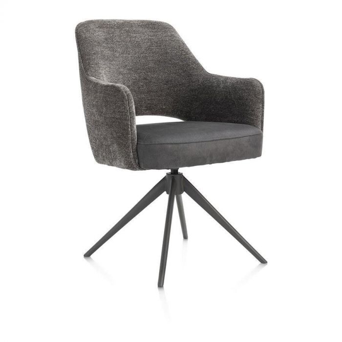 Eetkamerstoel Brad van Happy@Home in antraciet stof Calabria met draaibare zitting en metalen spinpoot, schuin van voren gefotografeerd.