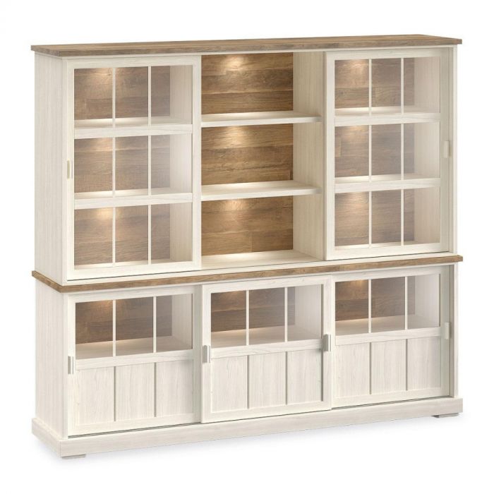 Eldora wandkast wit met houten bovenblad, vijf glazen schuifdeuren en drie open vakken, voorzien van LED-verlichting voor woonkamer.