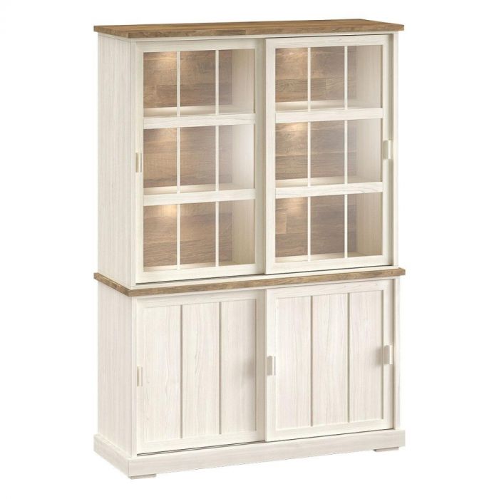 Wandkast Eldora wit met houten bovenblad, twee glazen schuifdeuren en twee dichte schuifdeuren, voorzien van LED-verlichting.