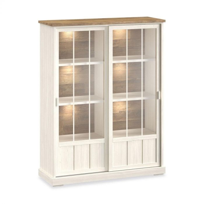 Vitrinekast Eldora wit met houten bovenblad, twee glazen schuifdeuren en LED-verlichting, stijlvol en praktisch voor woonkamerinrichting.