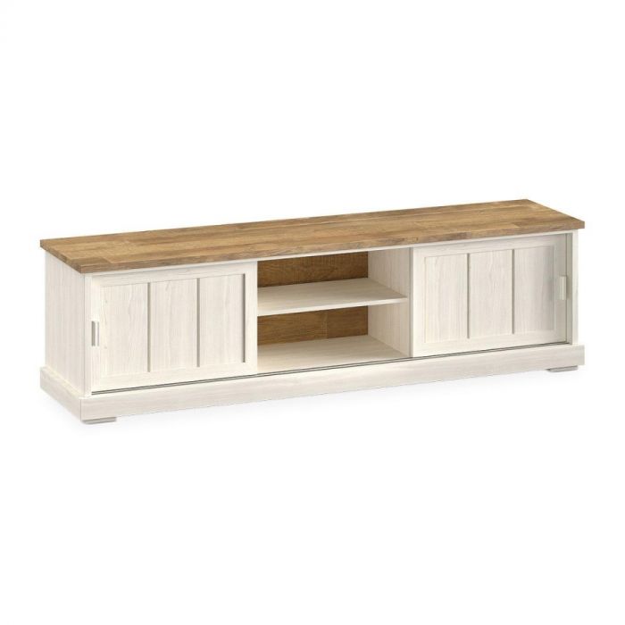 Tv-meubel Eldora in wit met bruine houtlook, voorzien van schuifdeuren en open vakken met legplank.