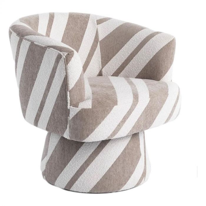 Nora fauteuil van COCOmaison met draaivoet en cone poot, bekleed in beige-taupe stof met speels gestreept patroon, schuin van voren.