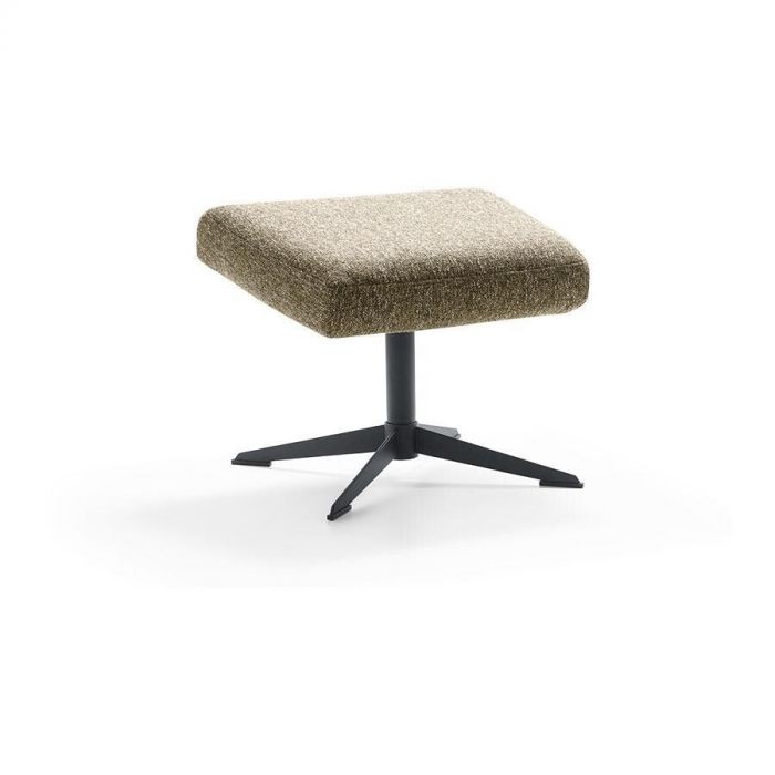 Sherway voetenbank in bruingrijze geweven stof met zwart metalen vijfteenspoot, schuin vooraanzicht.