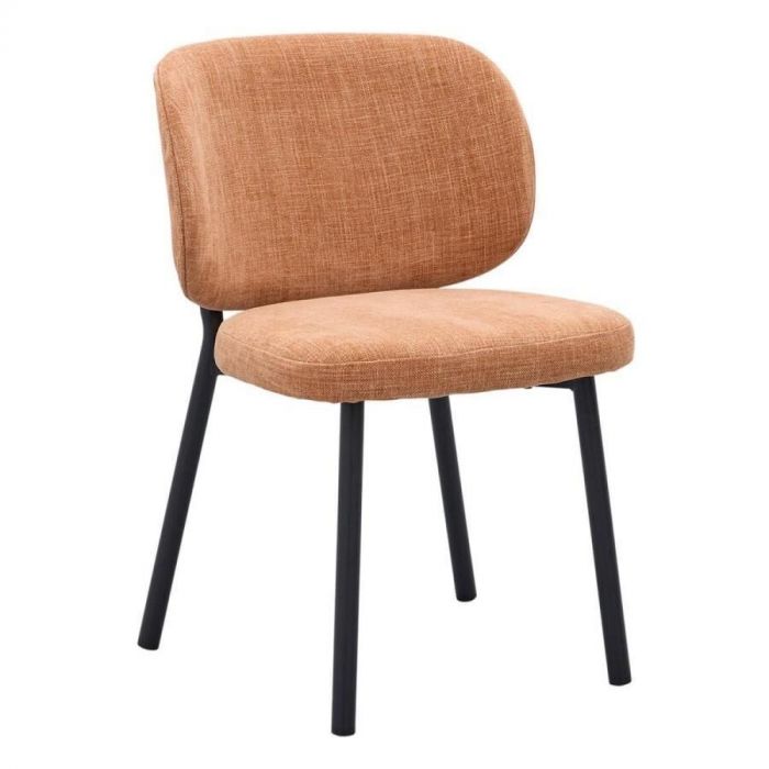 Eetkamerstoel Udine in roze stof met zwarte metalen poten, vooraanzicht van het volledige model.