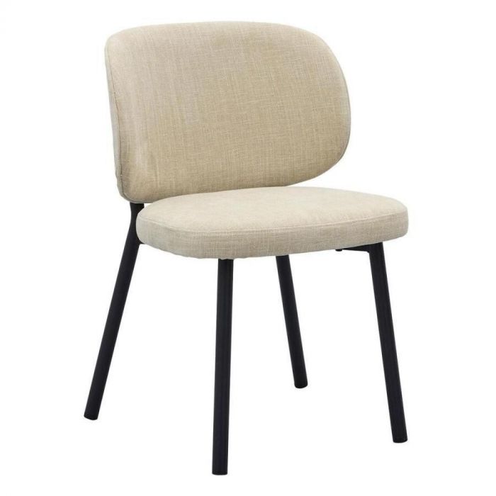Eetkamerstoel Udine Linen met zwarte metalen poten en beige polyester bekleding, vooraanzicht op witte achtergrond.