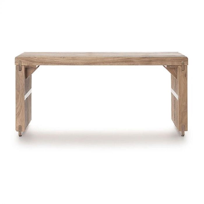 Lino bankje van COCOmaison in naturel acaciahout, vooraanzicht met lattenstructuur en afgeronde hoeken.