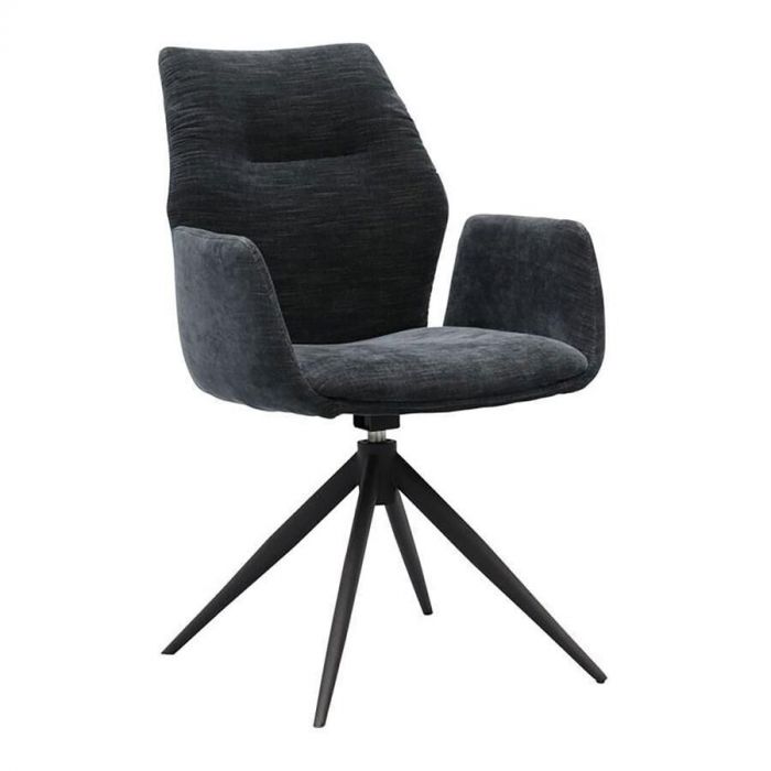 Eetkamerstoel Pula in kleur Black met draaibare zitting en zwarte metalen poten, vooraanzicht in perspectief.