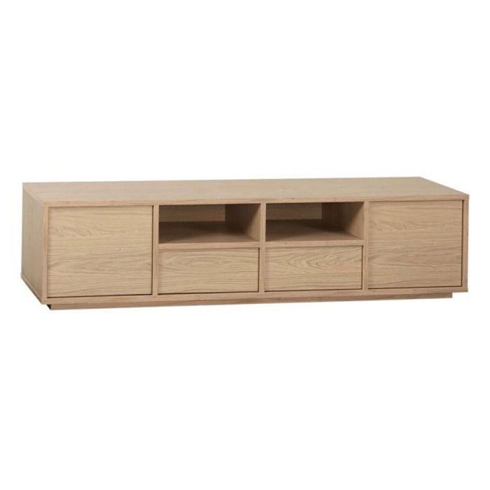 Trendhopper tv-meubel Tovo 200 cm in Blond Oak, frontaanzicht met twee deuren, twee open vakken en twee centrale lades dicht.