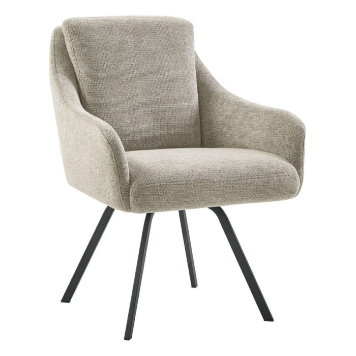 Pronto Wonen eetkamerstoel Meltina in grijze stof met draaibare zitting en zwarte metalen poten, vooraanzicht.