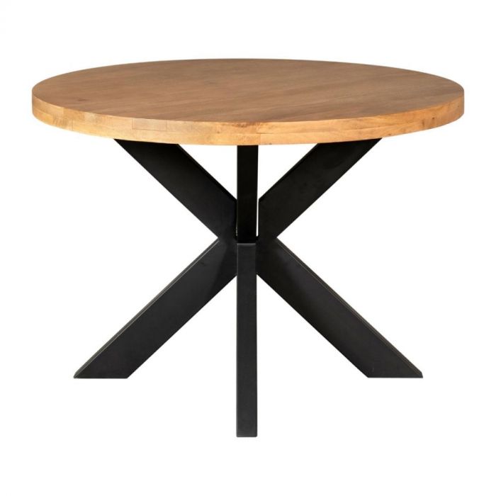 Ronde eettafel Denver Ø110 cm van mangohout met zwarte matrixpoot, schuin vooraanzicht.