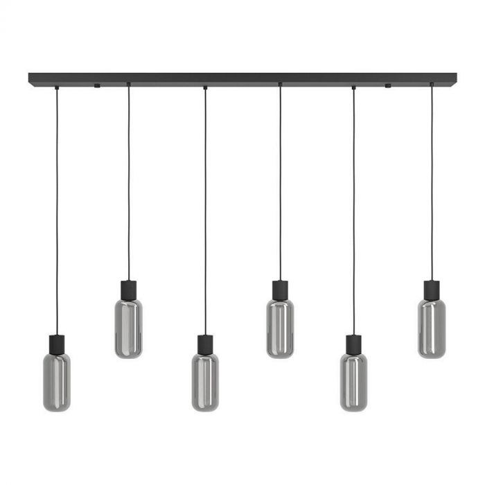 Hanglamp Majone met zes grijze glazen kappen aan zwarte plafondbevestiging, moderne uitstraling en geschikt voor E27 lichtbronnen.