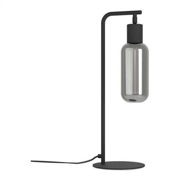 Tafellamp Majone van Eglo met zwart metalen frame en rookglazen kap, geschikt voor E27 lichtbron.