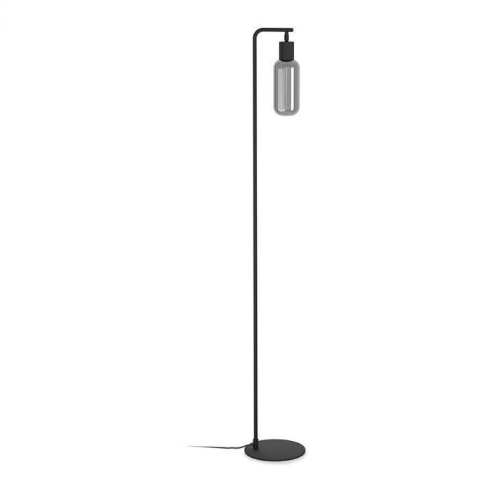 Vloerlamp Majone van Eglo in zwart metaal met langwerpige grijze kap van rookglas en slanke ronde voet.
