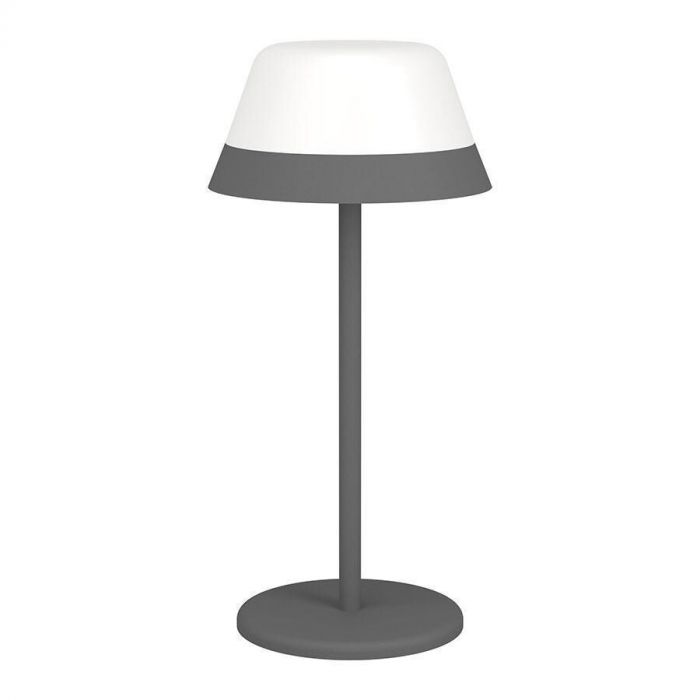 Grijze outdoor tafellamp Meggiano met witte kap en strak design, geplaatst op witte achtergrond.