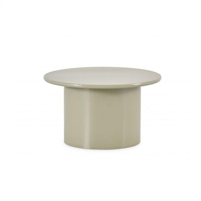  Ronde salontafel Montèl Morris in glanzende beige tint met minimalistisch design en metalen basis, gefotografeerd recht van voren.