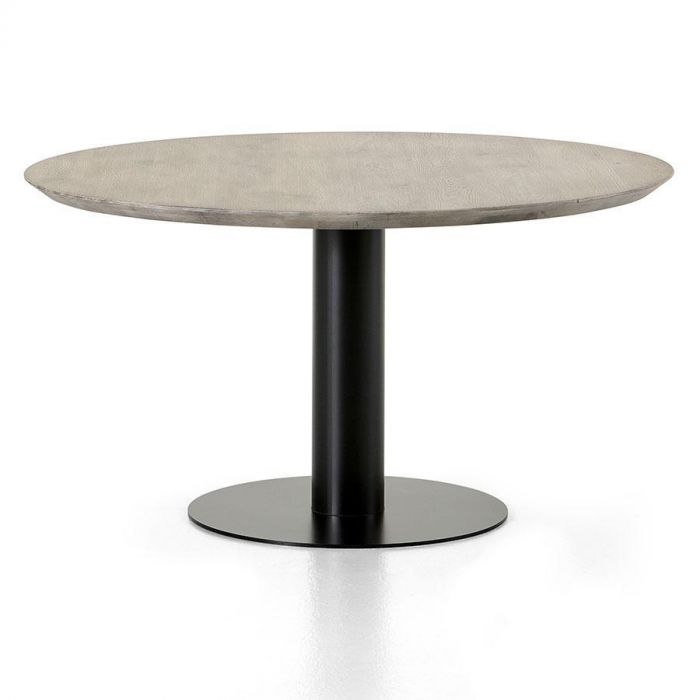 Ronde Montèl eettafel Dream van 140 cm met lichtgrijs houten blad en zwarte metalen trompetpoot, vrijstaand weergegeven op witte achtergrond.