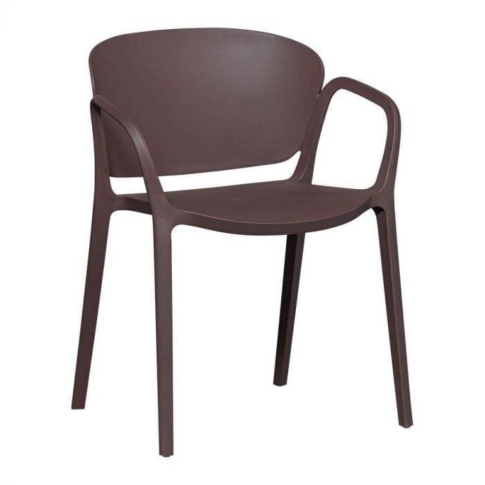 Vooraanzicht van de WOOOD Tuinstoel Bent in paars/bruin kunststof, met afgeronde rugleuning en armleuningen in één vloeiende vorm.