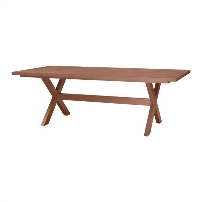 Vrijstaande aluminium picknicktafel in terra kleur met modern design en kruispoten.