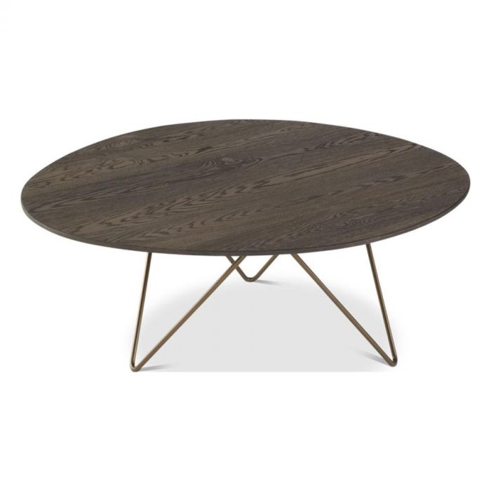  Dyyk salontafel Zizou met rond donker houten blad en slank metalen onderstel.