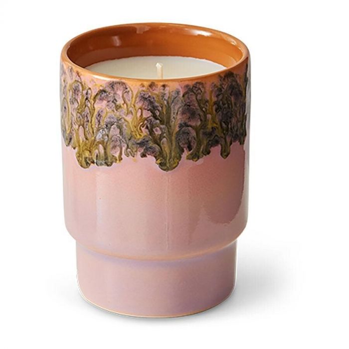Geurkaars Miami van HKliving met retro keramieken houder in roze en oranje tinten, voorzien van artistieke glazuurafwerking.