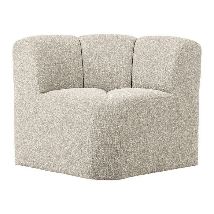 WOOOD hoekbankje Mojo in bouclé beige melange, schuin van voren gefotografeerd, met afgeronde rugleuning en zachte bekleding.