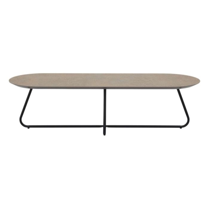 Trendhopper salontafel Lynn Capsule XL met ovaal HPL blad en zwart metalen onderstel, vooraanzicht.