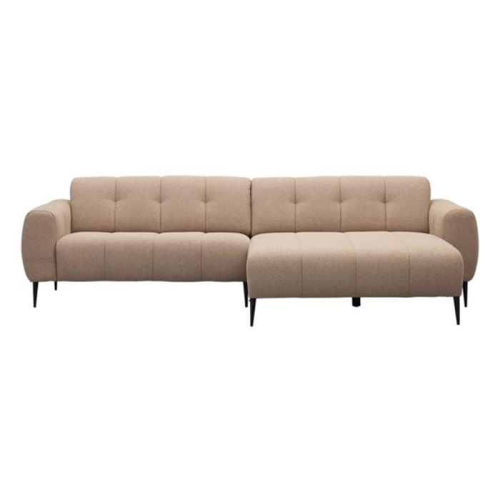 Trendhopper bank Casena in beige stof, hoekopstelling met zwarte metalen poten, vooraanzicht.