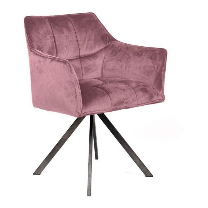 Trendhopper eetkamerstoel Raster met roze velours bekleding en zwart metalen draaivoet, vrijstaand gefotografeerd tegen witte achtergrond.