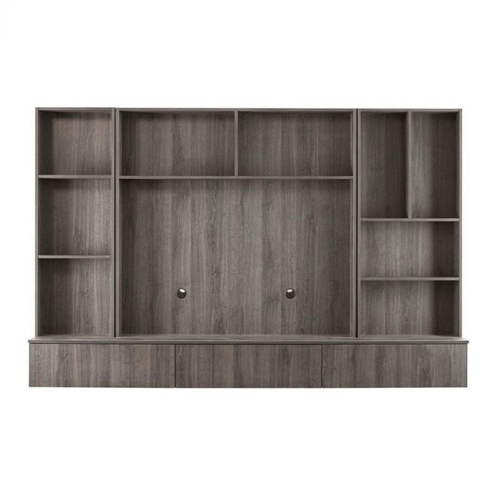 Grote wandkast van INHOUSE uit de Arinta-serie in bruin houtdecor, met open vakken, dichte onderkasten en ruimte voor een wandtelevisie.