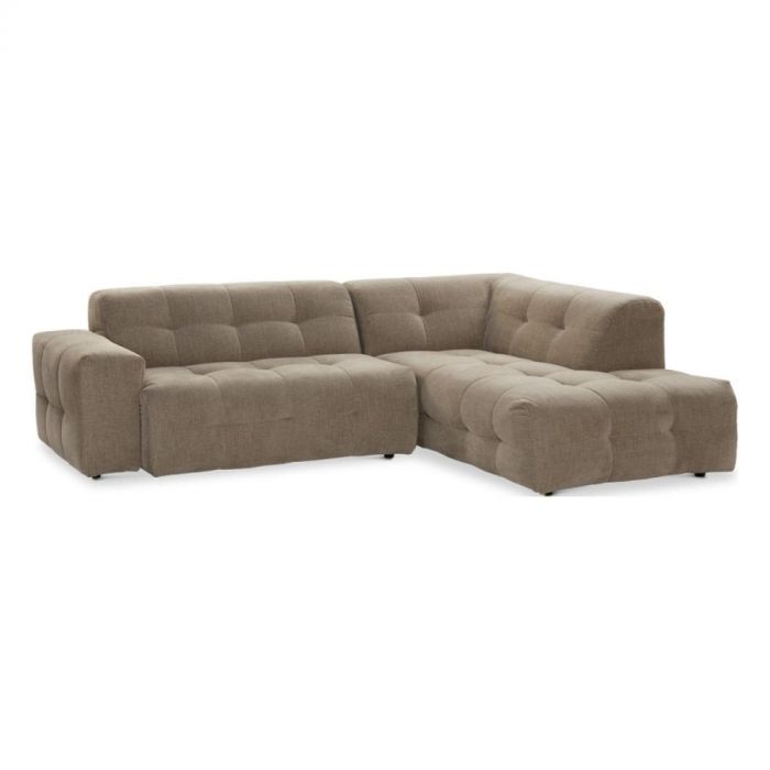 Dyyk bank Jef in taupe stof met kubistisch design en diepe zittingen.