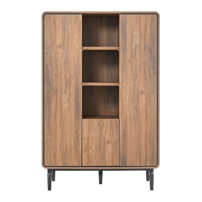 Opbergkast Lagoria in walnoot met gesloten deuren en open middenvakken, staand op zwarte, slanke poten tegen witte achtergrond.