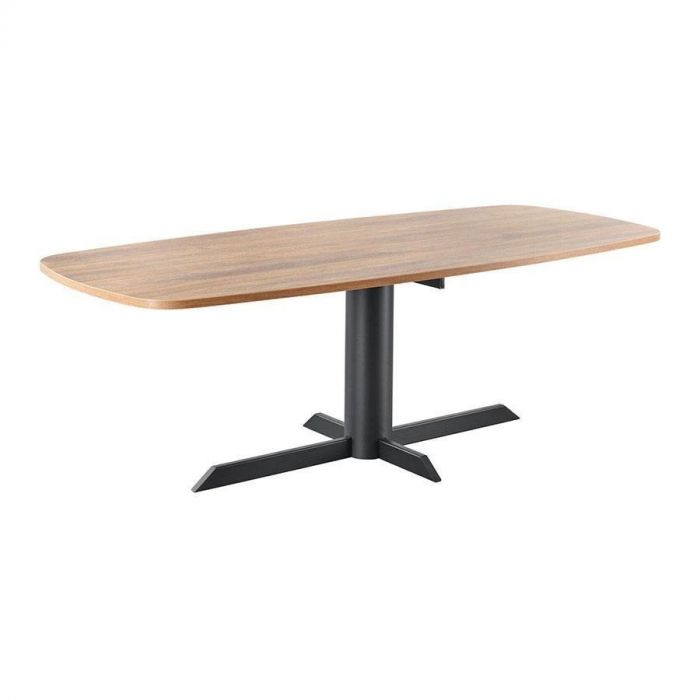 Eettafel Meberia van INHOUSE in walnootkleur met Deens ovale vorm van 200x100 cm, schuin gefotografeerd met zicht op het blad en onderstel.