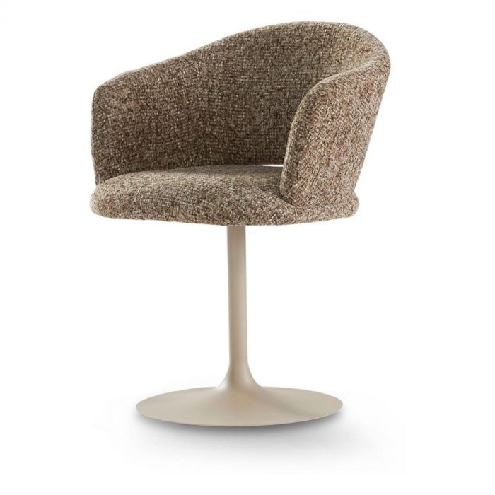 Dyyk Eetkamerstoel Nonna met trompetvoet in bruine stof, modern design met ronde vormen en comfortabele rugleuning.